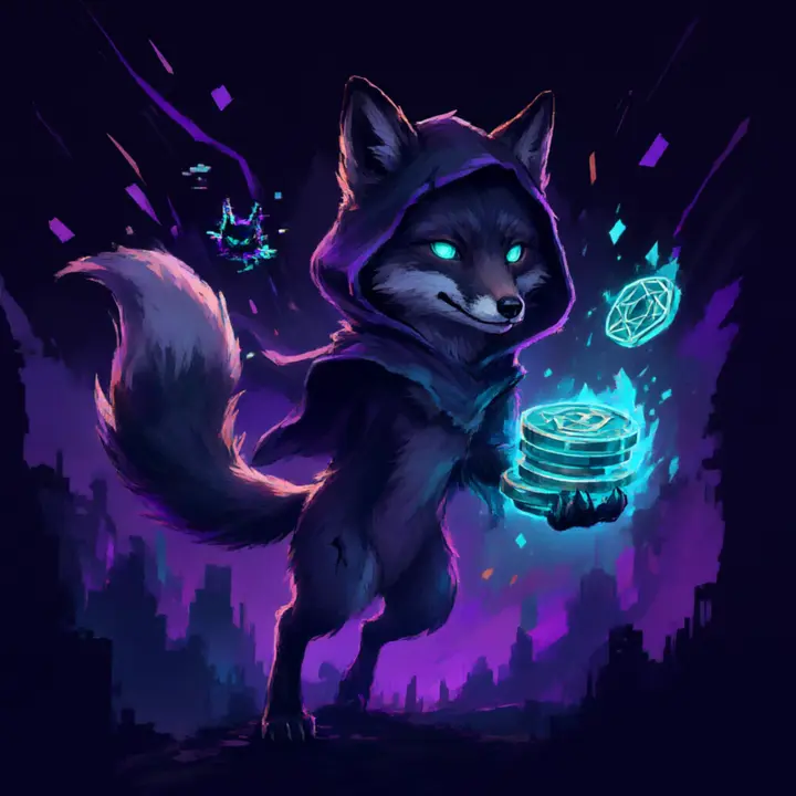 Kage mid-stride with a stack of glowing tokens, Vex flickering beside him
